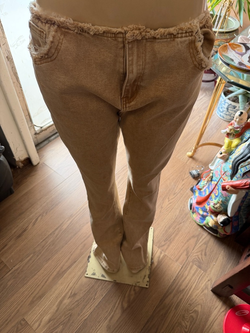 Frayed Waist‎ Brown Denim Jeans